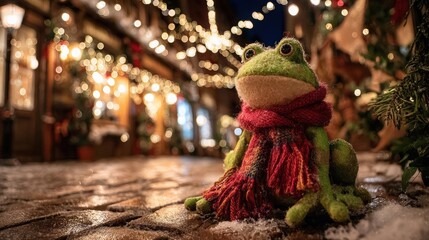 Frog with hopeful mood sitting among glowing Christmas lights in festive night street background