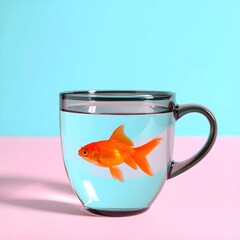 High Contrast Conceptual Image of an Orange Goldfish Swimming Inside a Dark Glass Cup Against Vibrant Two-Tone Pink and Blue Pop Art Background for Bold Creative and Surreal Visual Themes