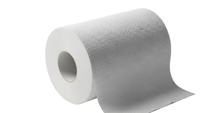 Detailed view of a fresh roll of white, textured toilet paper on a stark black background showcase.