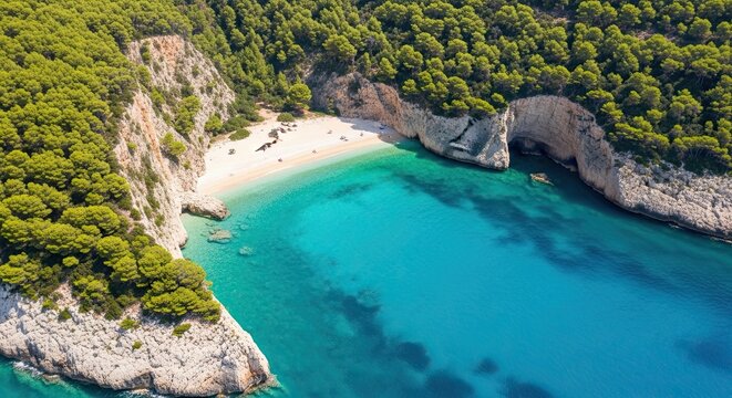 Stunning aerial view of a secluded white sand beach with turquoise water, nestled in a cove surrounded by steep cliffs and a lush green pine forest on a sunny summer day