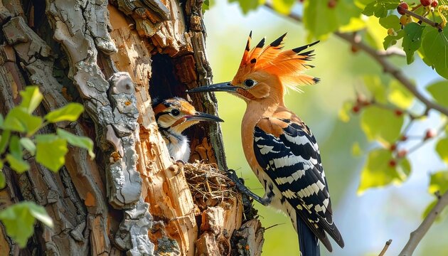 A hoopoe bird diligently tends to its nest and offspring within a tree cavity