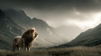 A majestic lion stands proudly in a vast and dramatic mountain valley landscape.