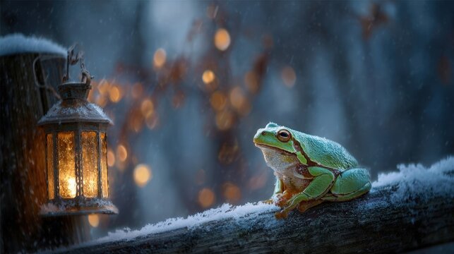 A green tree frog in a magical winter snow scene with a glowing rustic lantern. Whimsical fairytale and fantasy concept with a tiny amphibian - Powered by Adobe