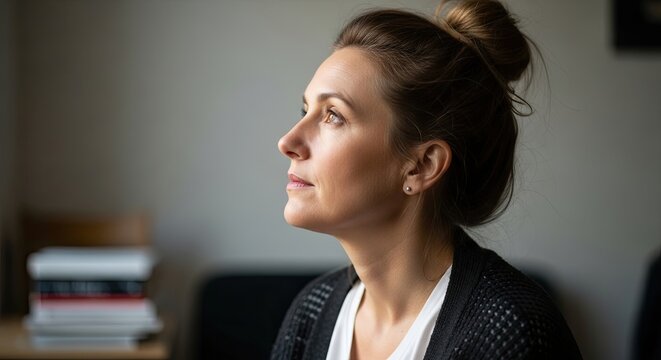 A thoughtful mature woman with her hair in a bun looks up with a hopeful expression, contemplating the future while sitting indoors in soft natural light - Powered by Adobe
