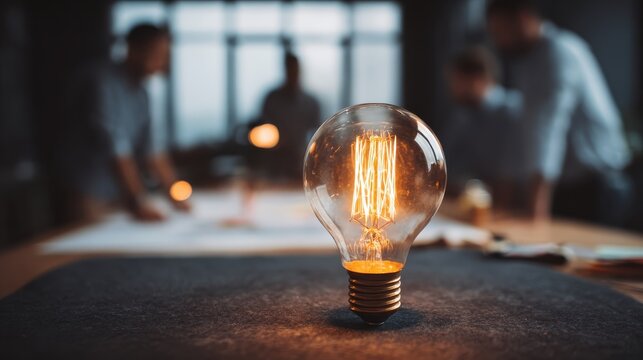 Vintage light bulb glowing brightly in soft focus with creative team brainstorming in background, modern workspace atmosphere inspiring innovation