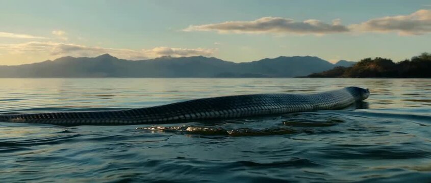 Mysterious Sea Serpent Swimming in a Mountain Lake at Sunset.