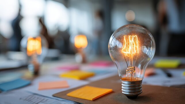 Warm glowing light bulb illuminating workspace with colorful sticky notes, blurred background of creative meeting setting, inspiration and innovation concept