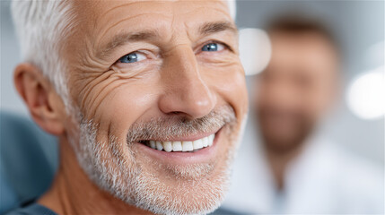Portrait of smiling mature man with grey hair and beard in soft daylight, conveying positivity, confidence, healthy lifestyle and emotional warmth in a modern setting.