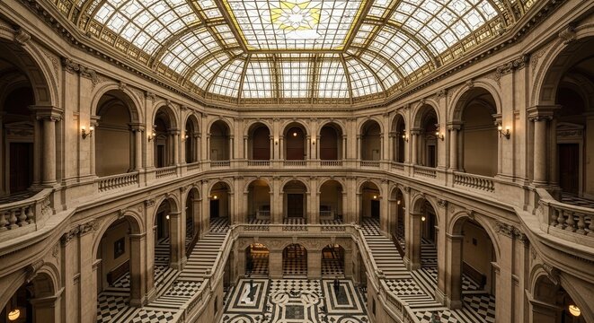 Symmetrical high-angle view of a magnificent historic building's interior atrium with a grand glass ceiling, ornate archways, and a checkered marble floor