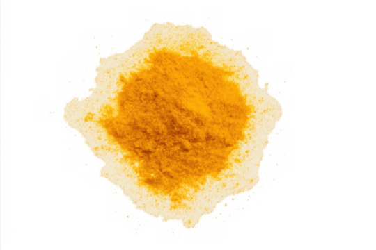 Turmeric powder creating a vibrant yellow spice pile with an uneven edge on transparent background