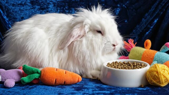 Adorable White Rabbit with Toys and Food on Blue Background.