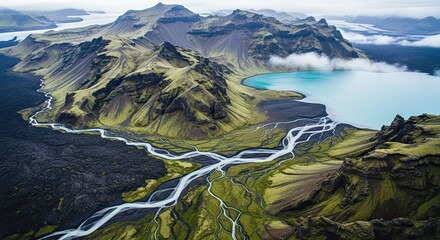 Stunning aerial perspective of a braided glacial river winding through a vast volcanic landscape with mossy green mountains and a turquoise lake under a cloudy sky