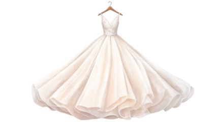 Elegant white wedding dress on hanger