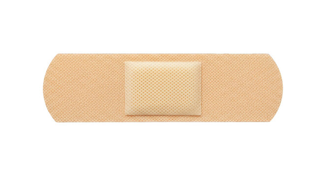 Isolated adhesive bandage or sticking plaster on a black background with central pad; neutral tone.