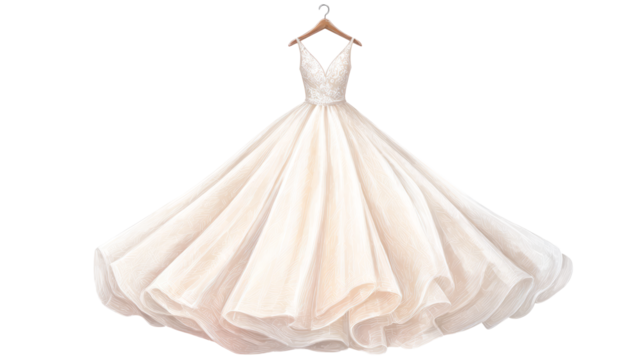 Elegant white wedding dress on hanger