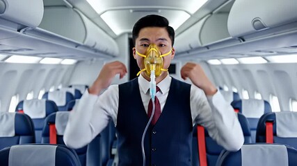A flight attendant demonstrating safety procedures inside an airplane cabin with seats and overhead compartments visible in the background - Powered by Adobe