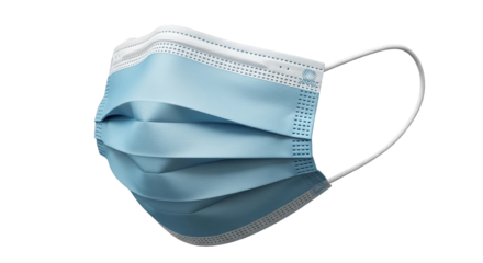 Isolated blue surgical face mask shows folds and white ear loops on a black studio background.