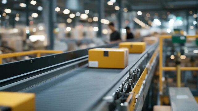 A delivery sorting facility running through the night with conveyor belts moving packages and scanners beeping rhythmically &mdash; continuous e-commerce fulfillment, rapid logistics, and high-volume
