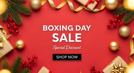 Boxing day sale advertisement with festive decorations on red