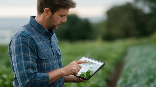 A farmer checking a tablet showing hyperlocal drought and storm alerts beside a field of crops &mdash; agricultural forecasting, climate resilience, and real-time farm disaster planning. cinematic color
