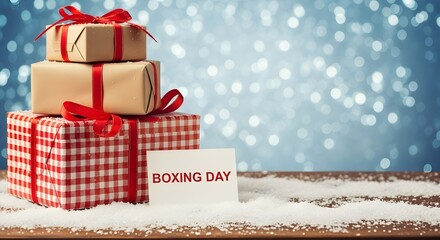 Stacked christmas presents with boxing day card and snow