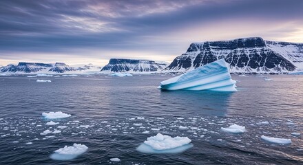 Dramatic polar scenery featuring a massive iceberg and brash ice in the frigid sea with snow-capped table mountains on the horizon under a beautiful twilight sky