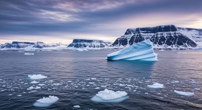 Dramatic polar scenery featuring a massive iceberg and brash ice in the frigid sea with snow-capped table mountains on the horizon under a beautiful twilight sky