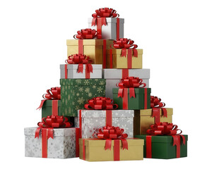 Assortment of colorful wrapped presents stacked in a pyramidal arrangement against a dark background