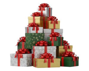 Assortment of colorful wrapped presents stacked in a pyramidal arrangement against a dark background