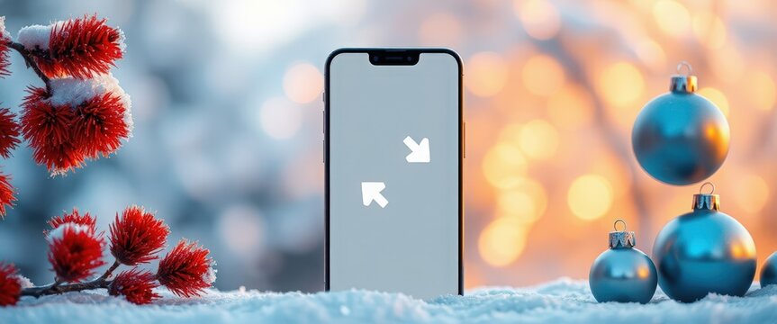Smartphone mockup in a snowy winter Christmas scene. Phone with a blank screen surrounded by festive decorations and ornaments. Holiday technology and seasonal sale concept