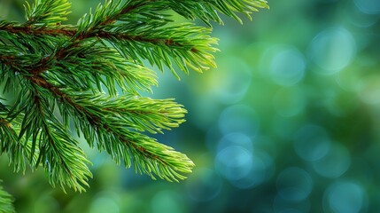 Bright green pine needles with a soft bokeh forest background.