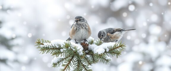 Two small birds perched on a snowy evergreen branch. Wildlife in a winter forest during a snowfall. Natural winter background banner