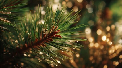 A macro photo of fresh pine needles with small water droplets, bathed in golden and green bokeh lighting. The shallow depth of field and sparkling background evoke a warm, natural, and festive ambianc