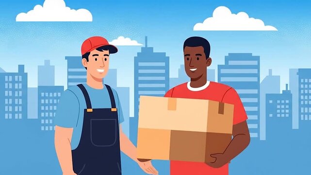 Prompt urban package delivery, a friendly courier hands a parcel to a happy customer in a modern cityscape, symbolizing efficient logistics and modern convenience