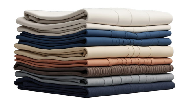 Neatly folded fabric stack shows warm neutral tones on black, a sense of order and tranquility