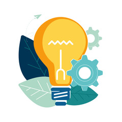 Concept of generating innovative ideas, creative thinking, creativity and imagination. Business idea concept, solution. Idea bulb in colored flat design style on white background. Vector illustration
