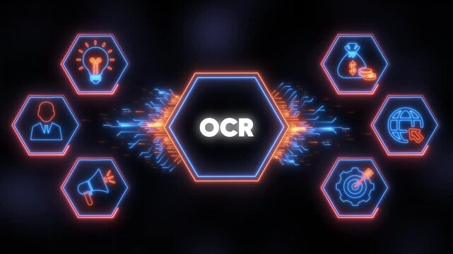 OCR concept with connected icons and digital network optical character recognition scanning - Powered by Adobe