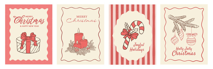 Set of Hand draw Merry Christmas postcard with decorated Xmas tree, gift and candles with festive wreath. Joyful holidays candy cane greeting card. Vector illustration