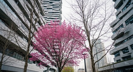 A vibrant pink blossoming tree in full bloom provides a beautiful natural contrast against the stark, modern architectural lines of surrounding city skyscrapers on an overcast day