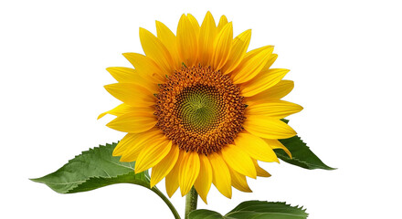 Fototapeta premium Radiant sunflower head with bright yellow petals and green leaves in a clean, crisp studio shot.