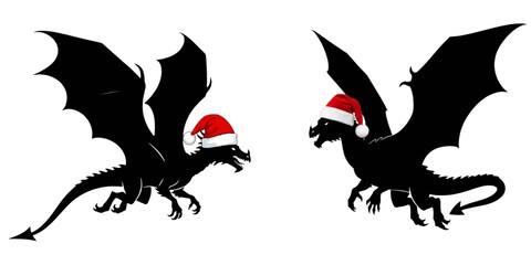Dragon Silhouette Wearing a Santa Hat on Transparent Background for Christmas and Fantasy Designs.svg