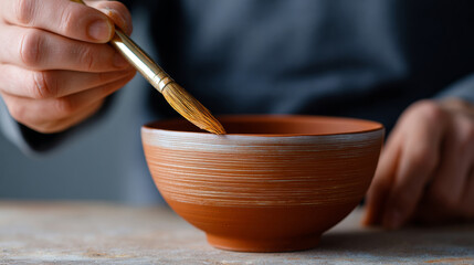 Close-up of hand holding paintbrush applying glaze to textured ceramic bowl in pottery workshop