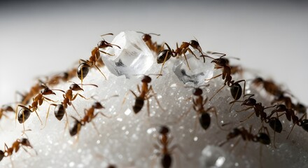 Macro View of Ant Colony Swarming Over Sparkling White Sugar Crystals