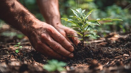 A persons hands carefully planting a young green sapling in the rich forest soil.