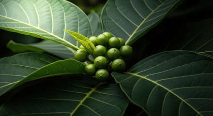 Soft, focused light illuminates a cluster of glossy green berries on a lush botanical plant, highlighting the detailed texture of the large, dark leaves in a serene jungle setting