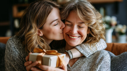 Mother’s Day at home: young adult child hugging and gifting box to middle-aged mum on sofa, tender kiss and smiles, family love, with copy space