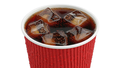 Refreshing soda drink with ice cubes in a red takeaway cup with water droplets isolated over black.
