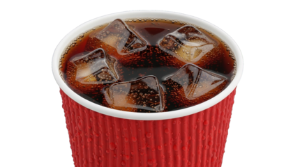 Refreshing soda drink with ice cubes in a red takeaway cup with water droplets isolated over black.