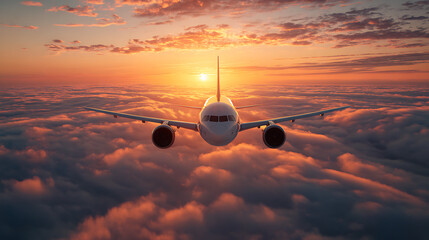 Airliner flying through clouds at sunset airplane aircraft