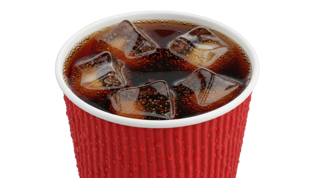 Refreshing soda drink with ice cubes in a red takeaway cup with water droplets isolated over black.